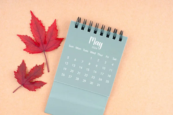 May 2024 monthly calendar and fall leaves on brown background.