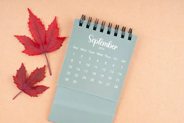 September 2024 monthly calendar and fall leaves on brown background.