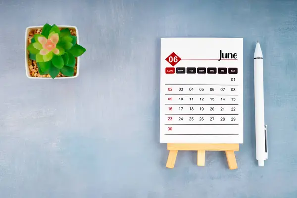 2024 Juni Kalenderpagina Pen Met Plantenpot Blauwe Houten Ondergrond Rechtenvrije Stockfoto's