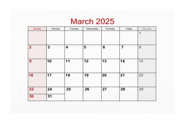 2025 Mart takvim sayfası beyaz arkaplanda izole.