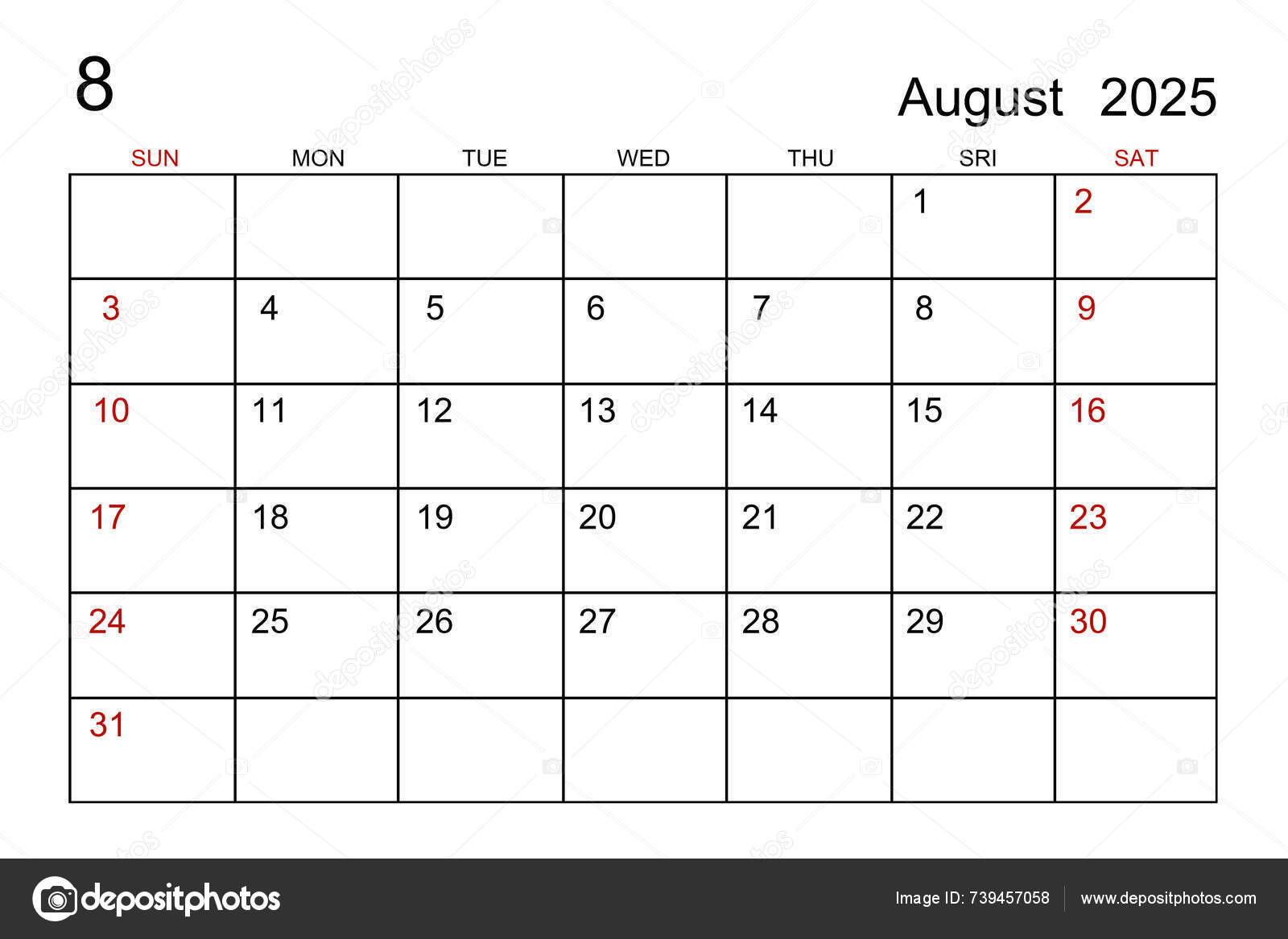 August 2025 Calendar Template White Paper Background — Stock Photo © gamjai 739457058