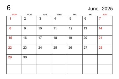 Beyaz kağıt arkaplanda Haziran 2025 takvim şablonu.