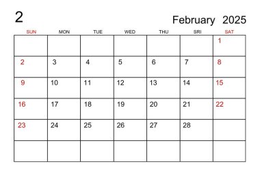 Şubat 2025 takvim şablonu beyaz kağıt arkaplan.