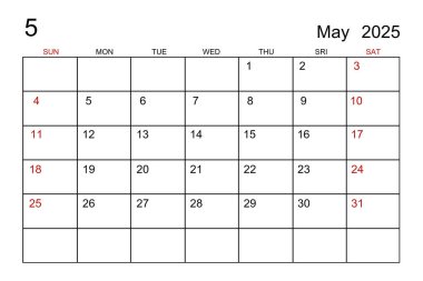 Mayıs 2025 takvim şablonu beyaz kağıt arkaplanda.