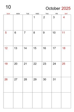 Ekim 2025 takvim şablonu beyaz arkaplanda.