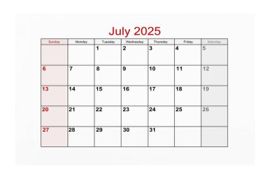 2025 Temmuz takvim sayfası beyaz arkaplanda izole.