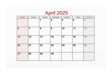 2025 Nisan takvim sayfası beyaz arkaplanda izole.