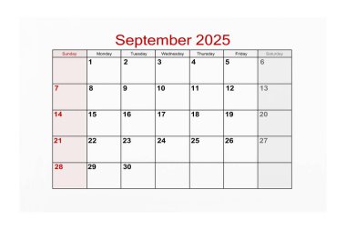 2025 Eylül takvim sayfası beyaz arkaplanda izole.