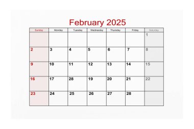 2025 Şubat takvim sayfası beyaz arkaplanda izole.