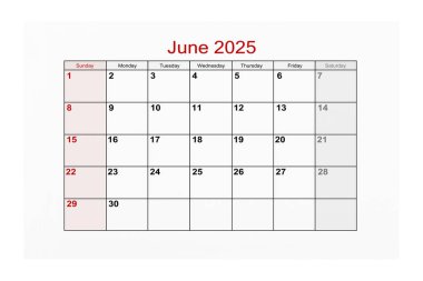 2025 Haziran takvim sayfası beyaz arkaplanda izole.
