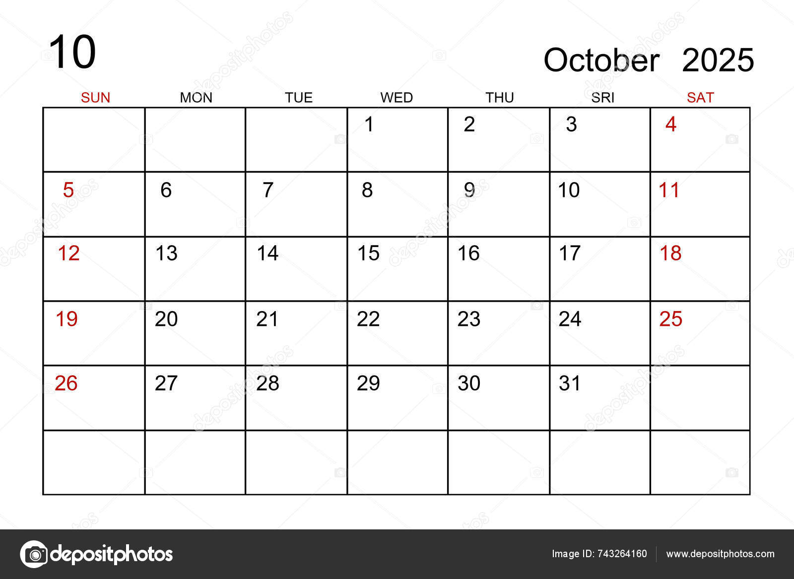 October 2025 Calendar Template White Paper Background — Stock Photo