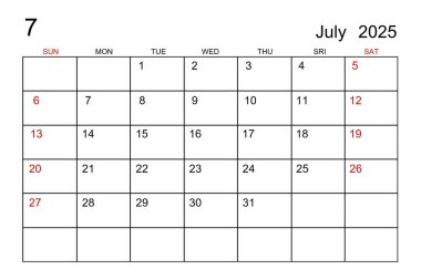 Beyaz kağıt arkaplanda Temmuz 2025 takvim şablonu.