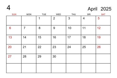 Nisan 2025 takvim şablonu beyaz kağıt arkaplanda.