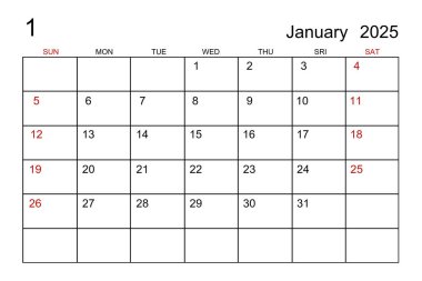 Ocak 2025 takvim şablonu beyaz kağıt arkaplan.