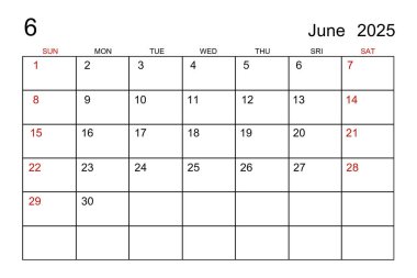 Beyaz kağıt arkaplanda Haziran 2025 takvim şablonu.