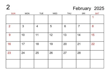 Şubat 2025 takvim şablonu beyaz kağıt arkaplan.