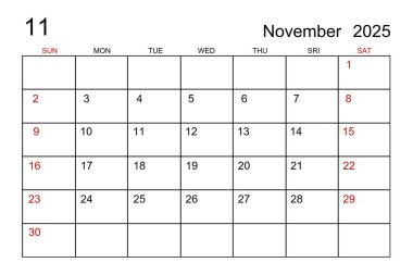 Kasım 2025 takvim şablonu beyaz kağıt arkaplan.