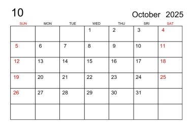 Ekim 2025 takvim şablonu beyaz kağıt arkaplan.