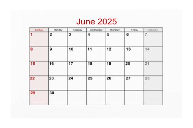 2025 Haziran takvim sayfası beyaz arkaplanda izole.