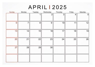 Nisan 2025 aylık takvim sayfası beyaz arkaplanda izole edildi, kırpma yolu kaydedildi.