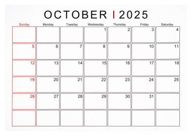 Ekim 2025 aylık takvim sayfası beyaz arkaplanda izole edildi, kırpma yolu kaydedildi.