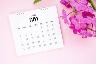 Pembe arka planda bir Mayıs 2025 masa takvimi ve pembe orkide.