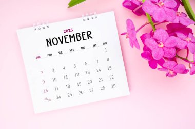 Pembe arka planda 2025 Kasım masa takvimi ve pembe orkide.