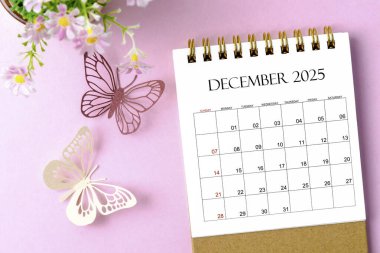 Aralık 2025 Pembe arkaplan üzerinde kelebek planlamak ve hatırlatmak için düzenleyici için masa takvimi.