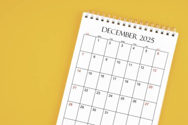 Aralık 2025 sarı arkaplan takvimi, kopyalama alanı olan konum. Zaman planlama günü kavramları.