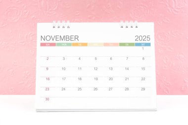 Kasım 2025, arkaplan olarak kabartmalı pembe çiçek desenli masa takvimi.