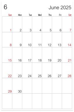 Haziran 2025 takvim sayfası beyaz arkaplanda izole edildi, kırpma yolunu kaydet.