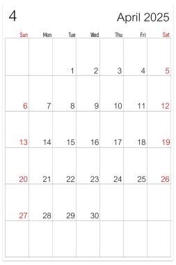 Nisan 2025 takvim sayfası beyaz arkaplanda izole edildi, kırpma yolunu kaydet.