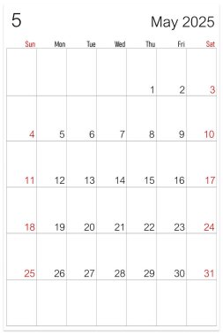 Mayıs 2025 takvim sayfası beyaz arkaplanda izole edildi, kırpma yolunu kaydet.