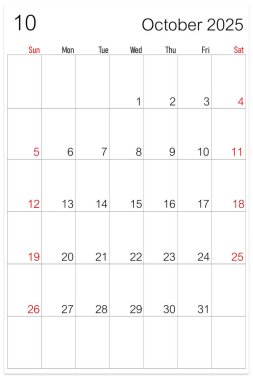 Ekim 2025 takvim sayfası beyaz arkaplanda izole edildi, kırpma yolunu kaydet.