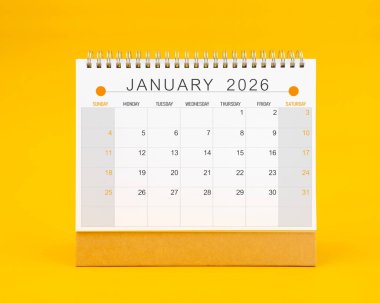 Ocak 2026 sarı arkaplan takvimi, Ön görünüm.