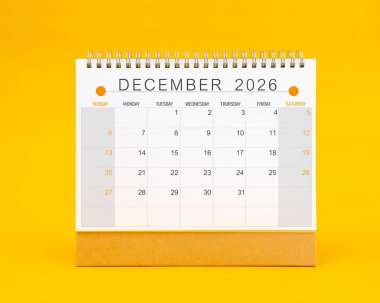 Aralık 2026 sarı arkaplan takvimi, Ön görünüm.