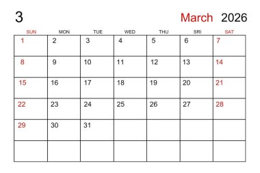 Randevunuz için Mart 2026 için boş beyaz takvim sayfası.