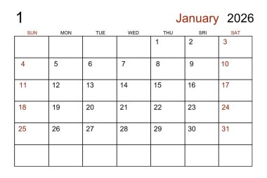 Randevunuz için Ocak 2026 için boş beyaz takvim sayfası.