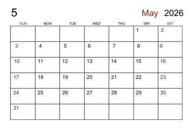 Randevunuz için Mayıs 2026 için boş beyaz takvim sayfası.