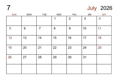 Randevunuz için Temmuz 2026 için boş beyaz takvim sayfası.