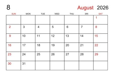 Randevunuz için Ağustos 2026 için boş beyaz takvim sayfası.