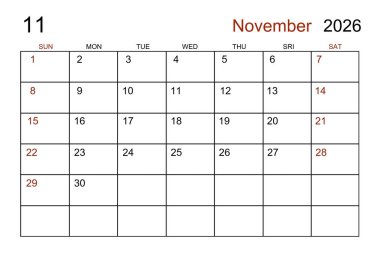 Randevunuz için Kasım 2026 için boş beyaz takvim sayfası.