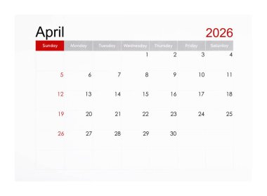 Nisan 2026 aylık takvim sayfası beyaz arkaplanda izole edildi.