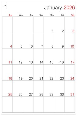 Ocak 2026, takvim sayfası beyaz arkaplanda izole edildi.