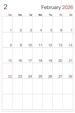 Şubat 2026, takvim sayfası beyaz arkaplanda izole edildi.