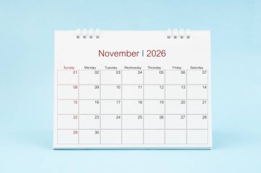 Kasım 2026, Mavi arka planda 2026 yılı için aylık masa takvimi.