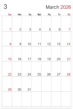 Mart 2026, takvim sayfası beyaz arkaplanda izole edildi.