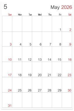 Mayıs 2026, takvim sayfası beyaz arkaplanda izole edildi.
