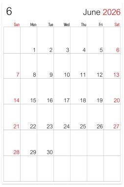 Haziran 2026, takvim sayfası beyaz arkaplanda izole edildi.