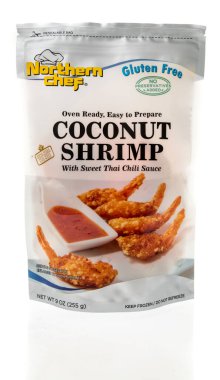 Winneconne, WI - 8 January 2023: A package of Northern Chef coconut shrimp with sweet Thai chili sauce on an isolated background.